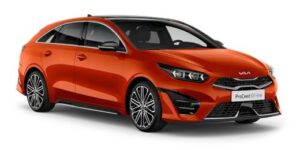 Mitcar Warszawa | Salon i Serwis KIA i Subaru | Pomarańczowa kia cee'd 2022 jest pokazana na białym tle w Mitcar.Warszawa.Salon.